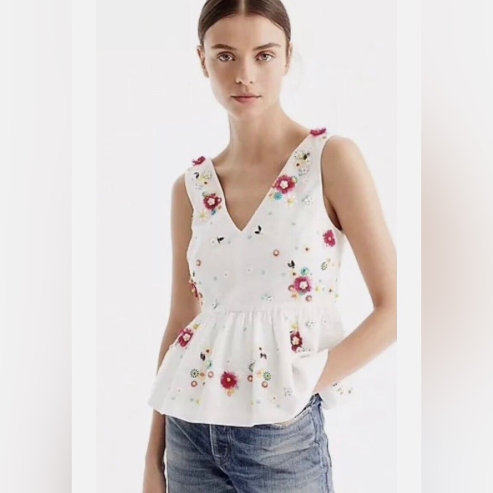 J. Crew White Hand-Embellished Floral White Peplum Top Bead